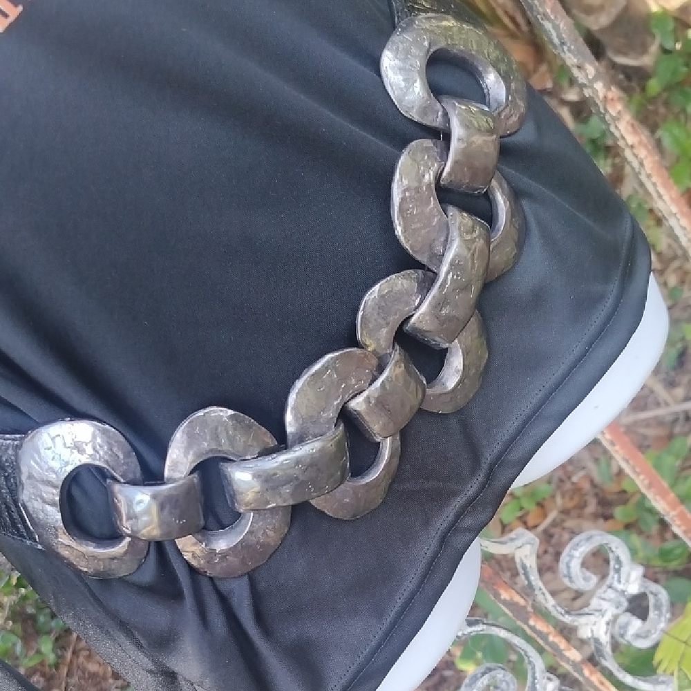 '90s Vintage Black Leather Silver Chain Waist/Hip Belt By Streets Ahead. Medium